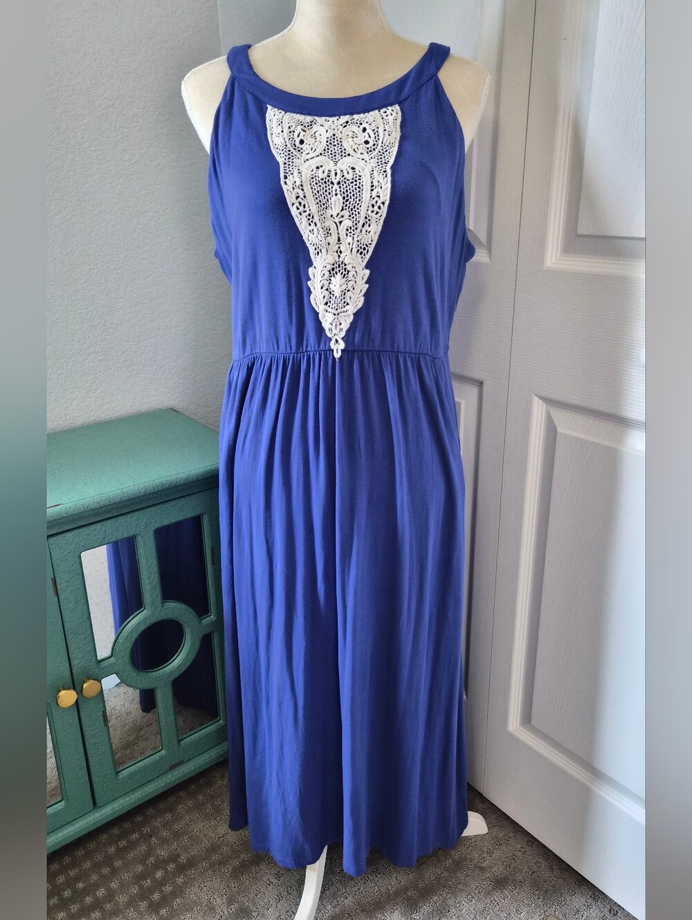 Soma Jewel Blue Sleeveless Maxi Dress XL Crochet Lace Soft Stretch NWT